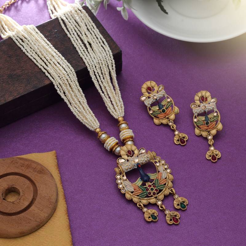 Multi color mint meena work matte gold necklace set