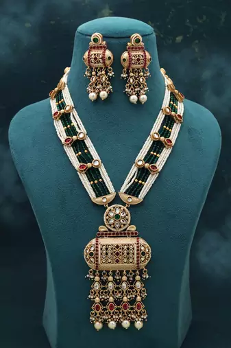 Rani & green color matte gold necklace set