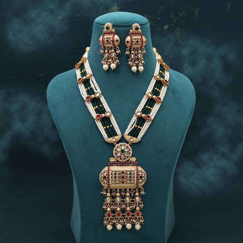 Rani & green color matte gold necklace set