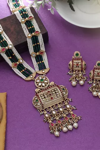 rani green kundan beaded matte gold necklace set