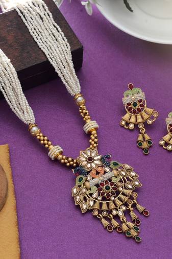 Multi color mint meena work matte gold necklace set