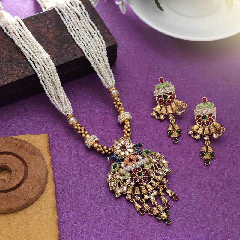 Multi color mint meena work matte gold necklace set
