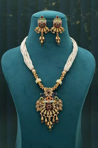 ivory pearl beaded meenakari matte gold necklace set