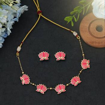 pink enamel lotus motif gold chain necklace set 1