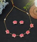 pink enamel lotus motif gold chain necklace set
