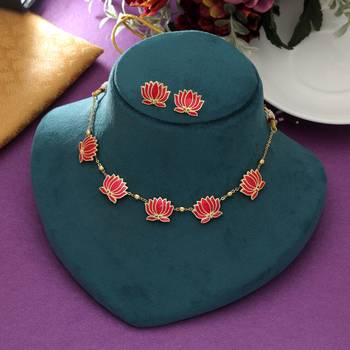 pink enamel lotus motif gold chain necklace set 2