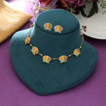 multicolor enamel lotus gold plated necklace set 2