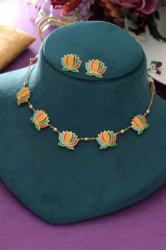 multicolor enamel lotus gold plated necklace set