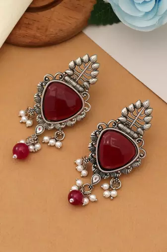 maroon stone oxidised silver dangle earrings
