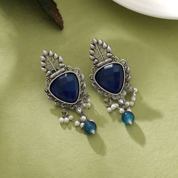 navy stone oxidised silver drop earrings 1