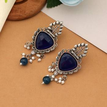navy stone oxidised silver drop earrings 2