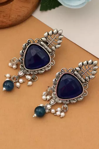 navy stone oxidised silver drop earrings