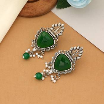 emerald stone oxidised silver dangle earrings 2