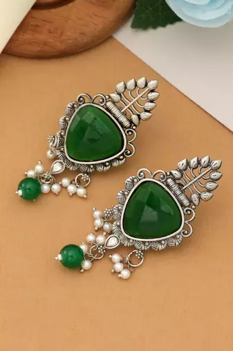emerald stone oxidised silver dangle earrings