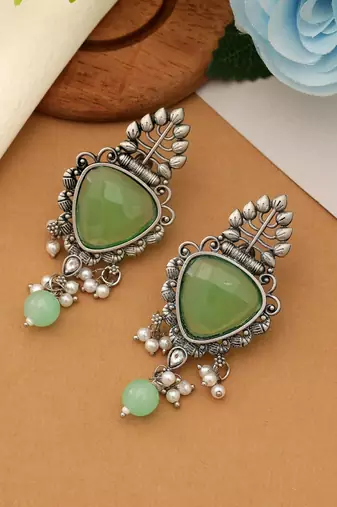 pista green alloy earrings with stone dangle work