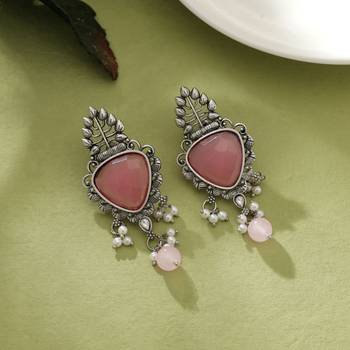 pink alloy earrings with glass stone dangle style 1