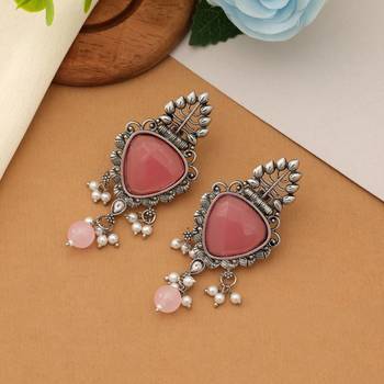 pink alloy earrings with glass stone dangle style 2