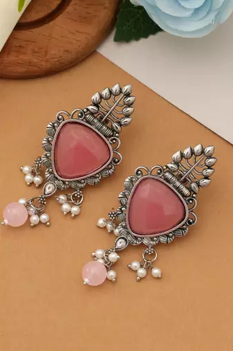 pink alloy earrings with glass stone dangle style