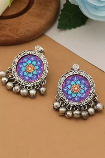 purple alloy earrings with meena dangle design