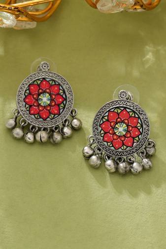 Orange color meena work oxidised earrings