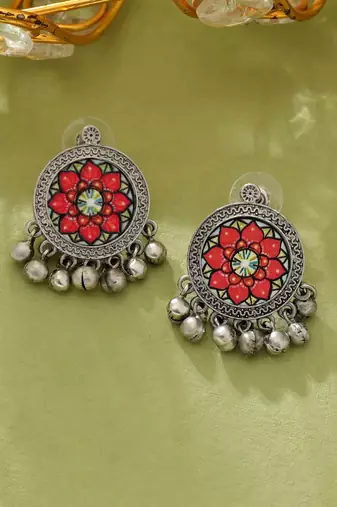Orange color meena work oxidised earrings