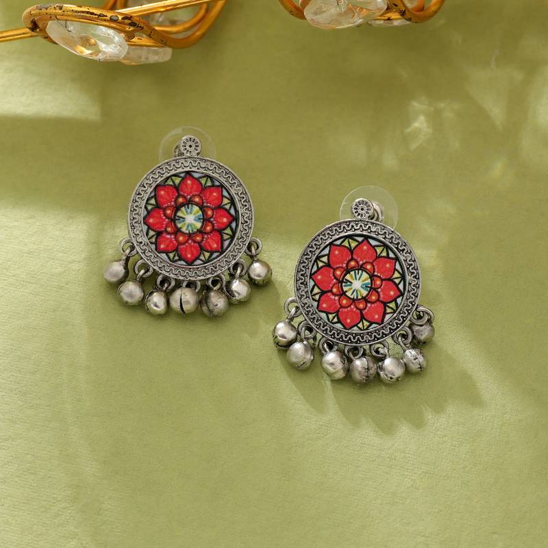 Orange color meena work oxidised earrings