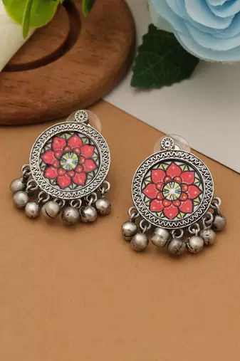 orange alloy earrings with meena dangle work