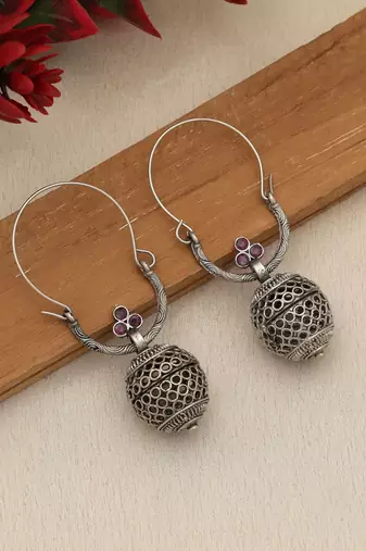 silver alloy earrings with oxidised stone drop work
