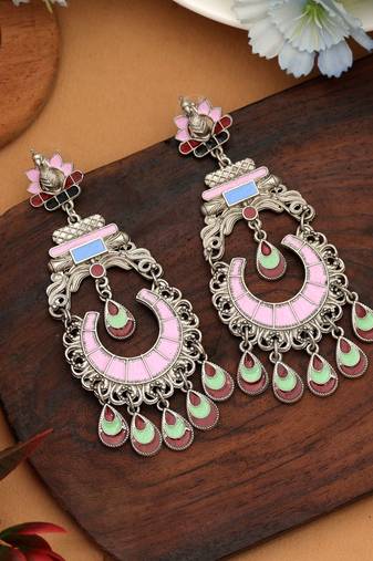 Pink color meena work oxidised earrings