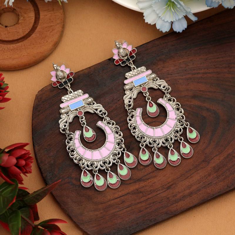 Pink color meena work oxidised earrings