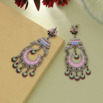 pink alloy earrings with meena dangle design 2