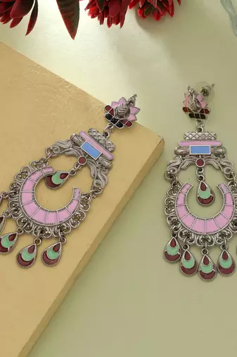 pink alloy earrings with meena dangle design