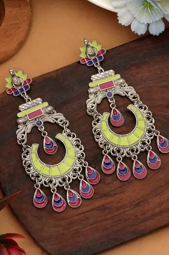 Pista green color meena work oxidised earrings