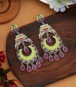 pista green alloy earrings with oxidised meena work