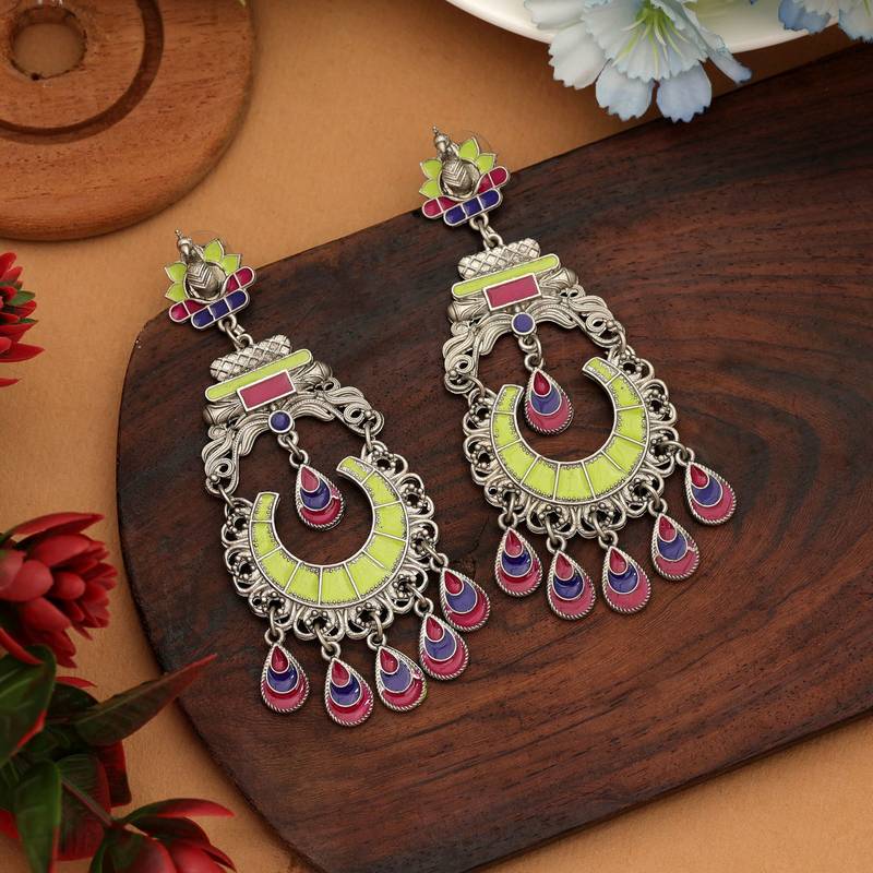 Pista green color meena work oxidised earrings