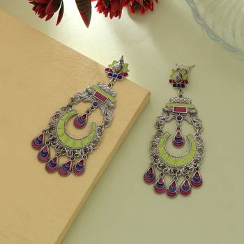 pista green alloy earrings with oxidised meena work 2