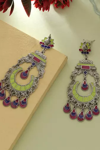 pista green alloy earrings with oxidised meena work