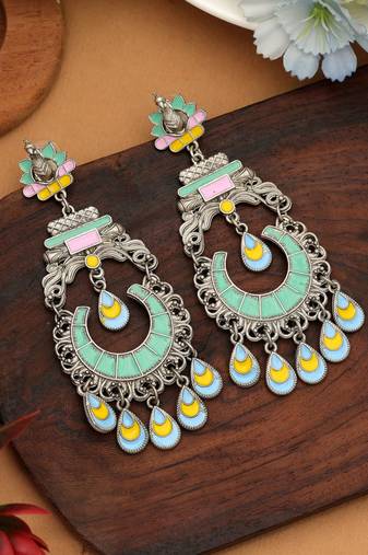Rama green color meena work oxidised earrings