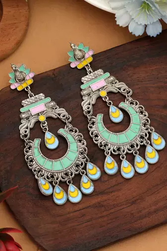 Rama green color meena work oxidised earrings