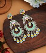 rama green alloy earrings with meena drop design