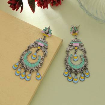 rama green alloy earrings with meena drop design 2