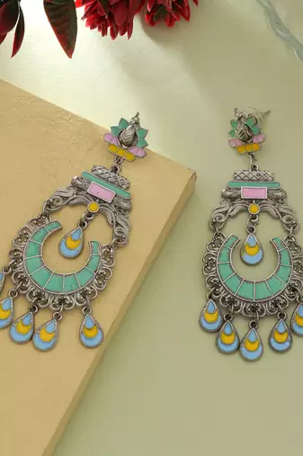 rama green alloy earrings with meena drop design