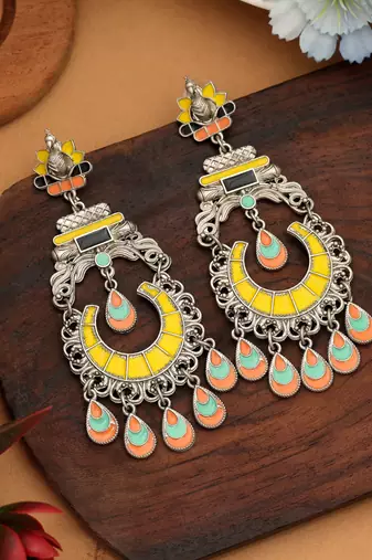 Yellow color meena work oxidised earrings