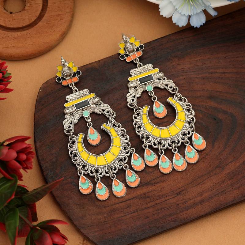Yellow color meena work oxidised earrings