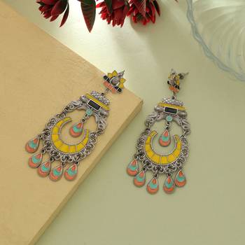 yellow alloy earrings with oxidised meena work design 2