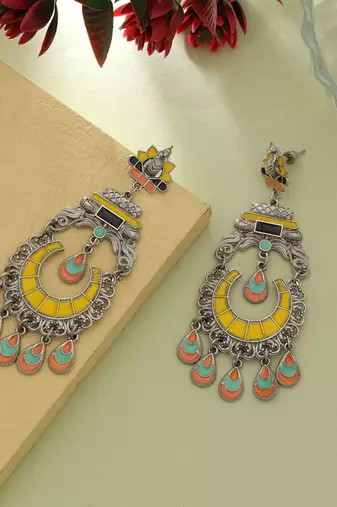 yellow alloy earrings with oxidised meena work design
