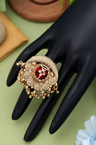 red alloy ring with gold plated stone detail