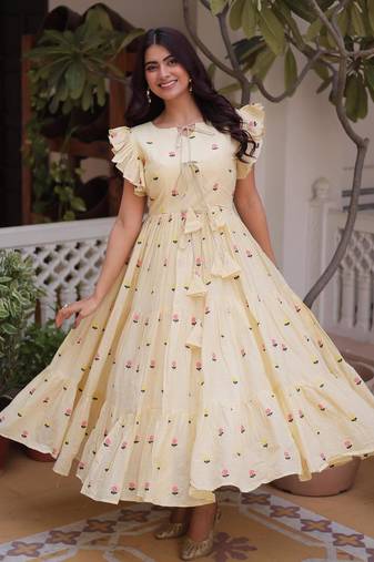 Cream cotton with embroidered work layer dresses