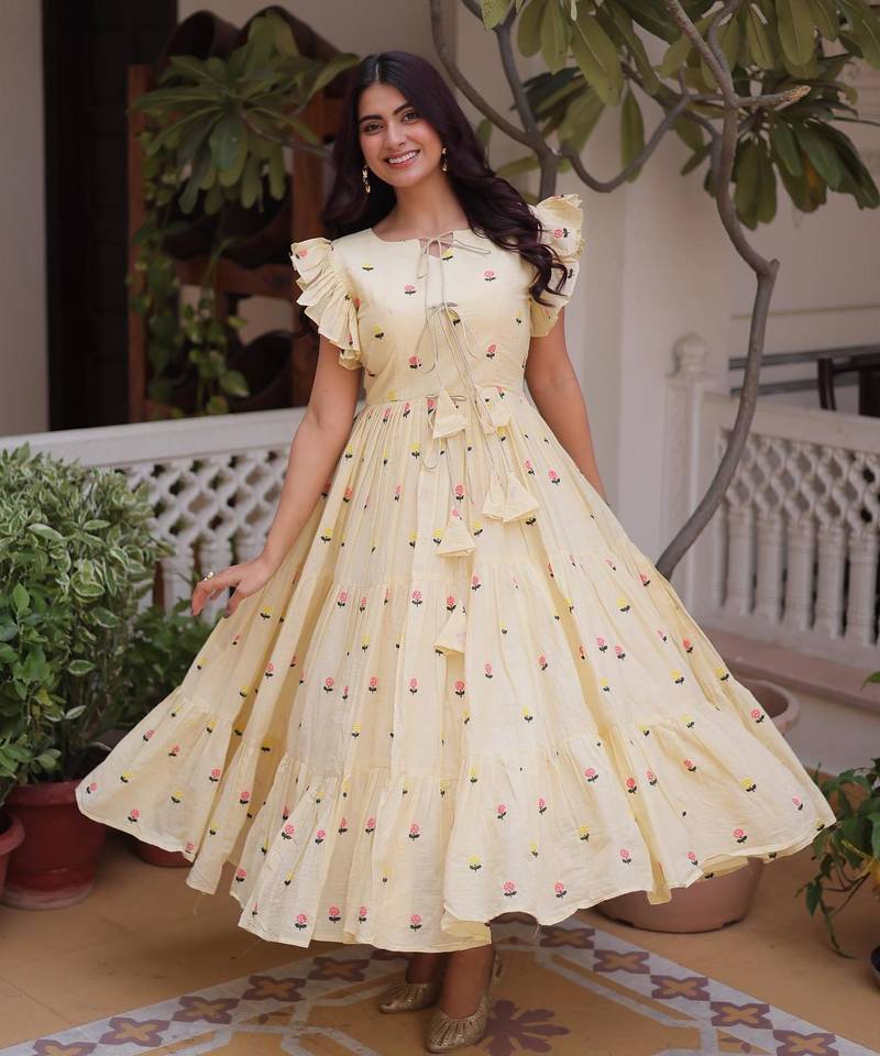 Cream cotton with embroidered work layer dresses