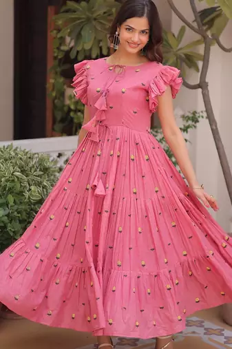 Pink cotton with embroidered work layer dresses